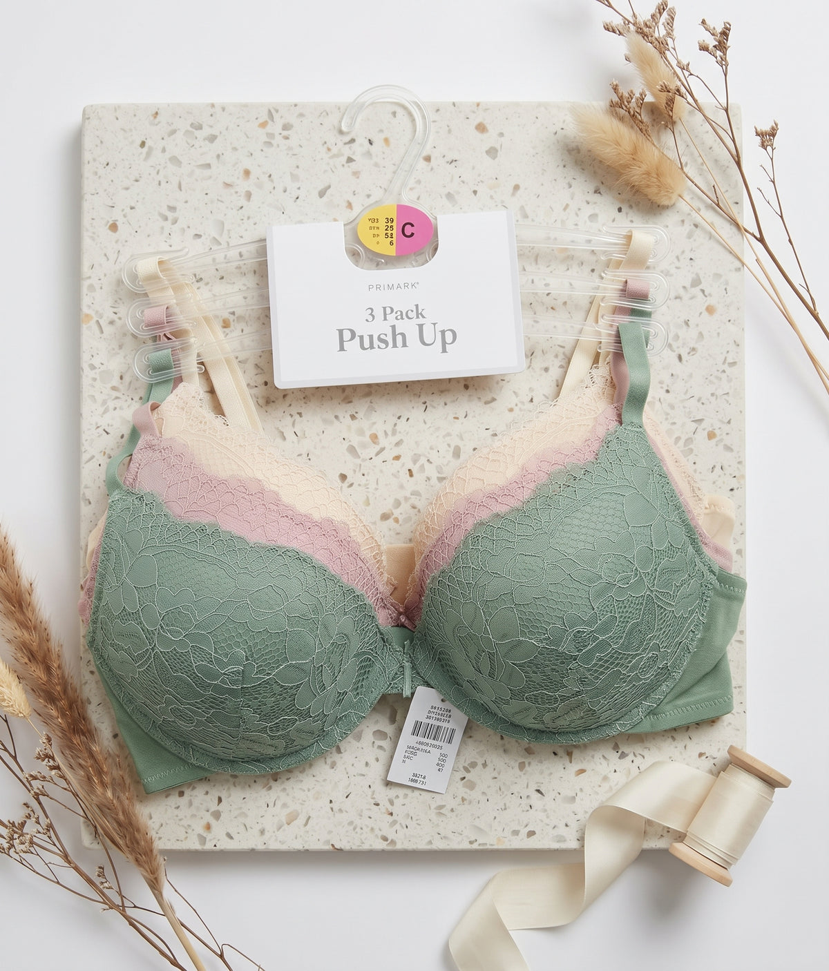 PRIMARK Push Up Bra (Brassieres) (Pack of 3) SIZE 36-C (Cream-Pink-Green)