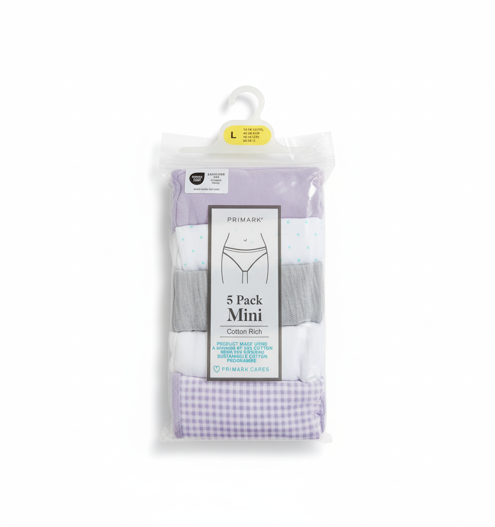 Primark 5 Pack (L) Mini Cotton Rich (Bikinis, Briefs, Underwear, Panties, Pants) Large