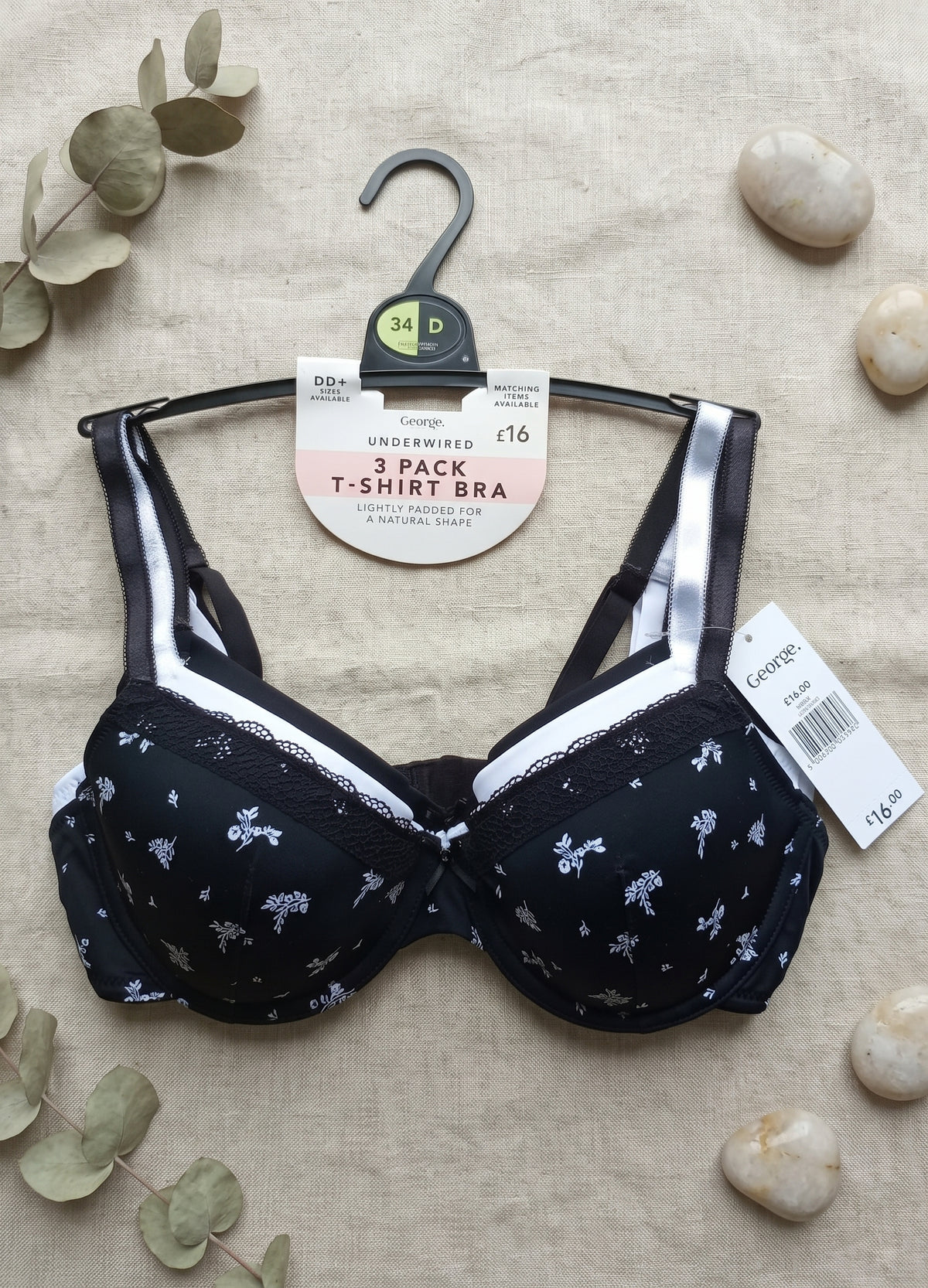 George. Underwired T-Shirt Bra (Brassieres) (Pack of 3) SIZE 34-D (Black-White-Black Printed)
