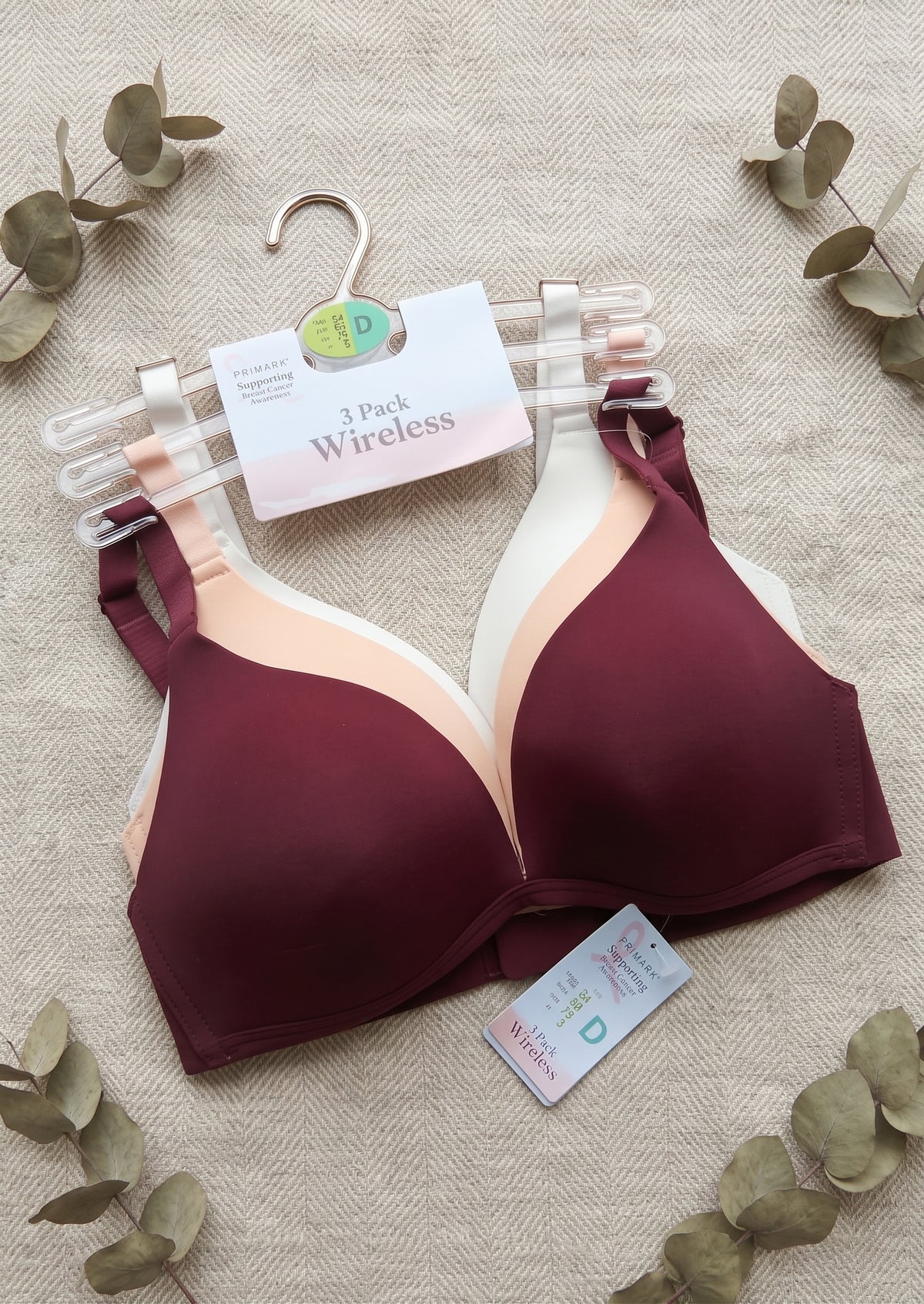 PRIMARK Wireless Bra (Brassieres) (Pack of 3) SIZE 34-D (Cream-Pink-Maroon)