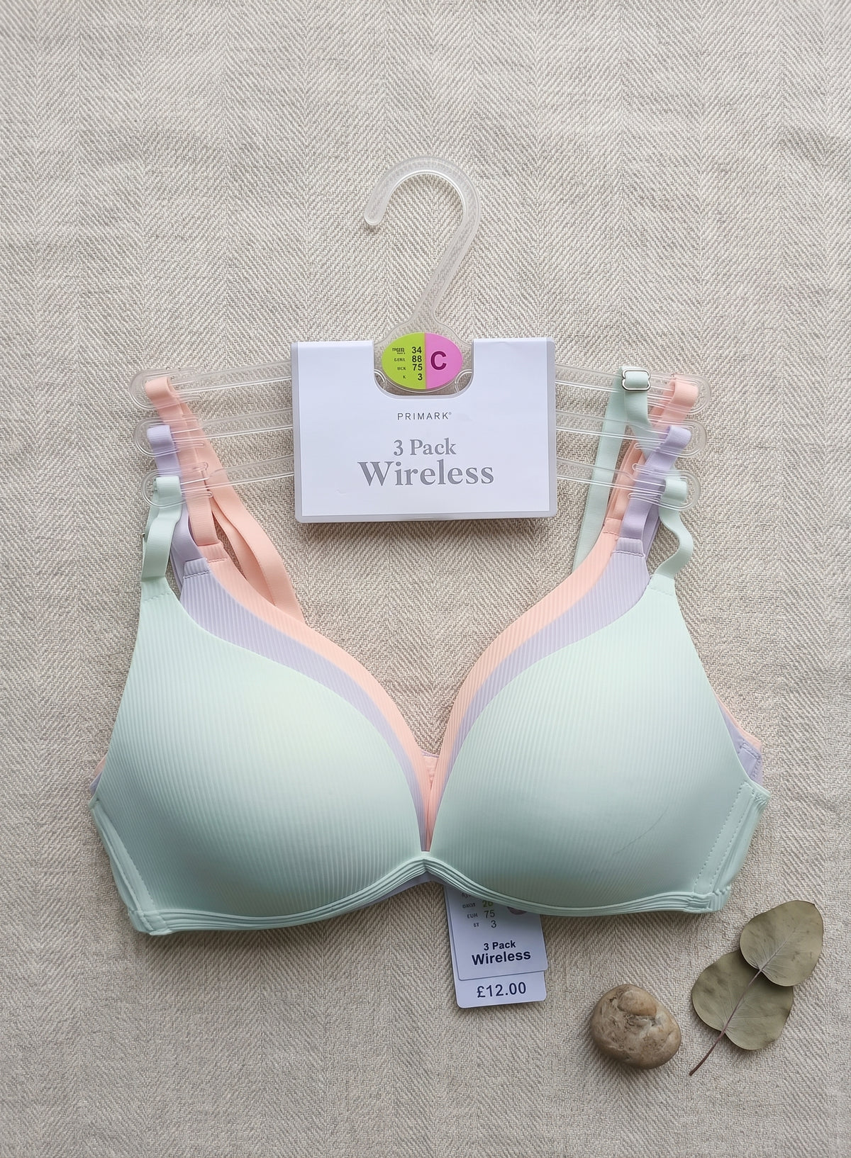 PRIMARK Wireless Bra (Brassieres) (Pack of 3) SIZE 34-C (Peach-Sky-Aqua)