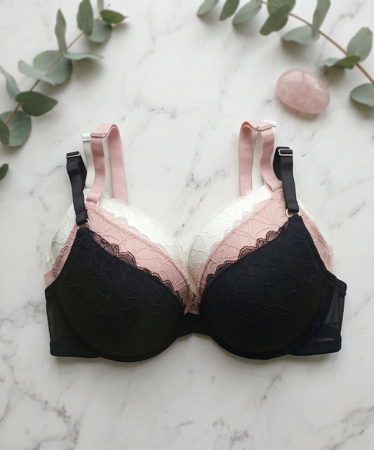 PRIMARK T-Shirt Bra (Brassieres) (Pack of 3) SIZE 34-D (White-Pink-Black)