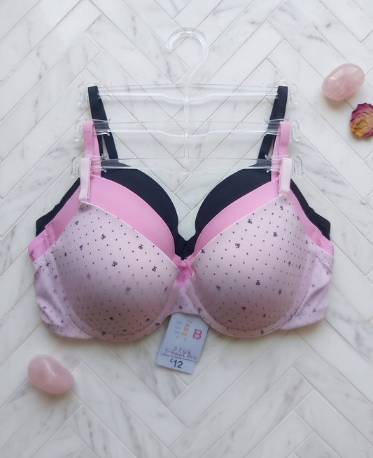 PRIMARK T-Shirt Bra (Brassieres) (Pack of 3) SIZE 36-B (Black-Pink-White with Dots)