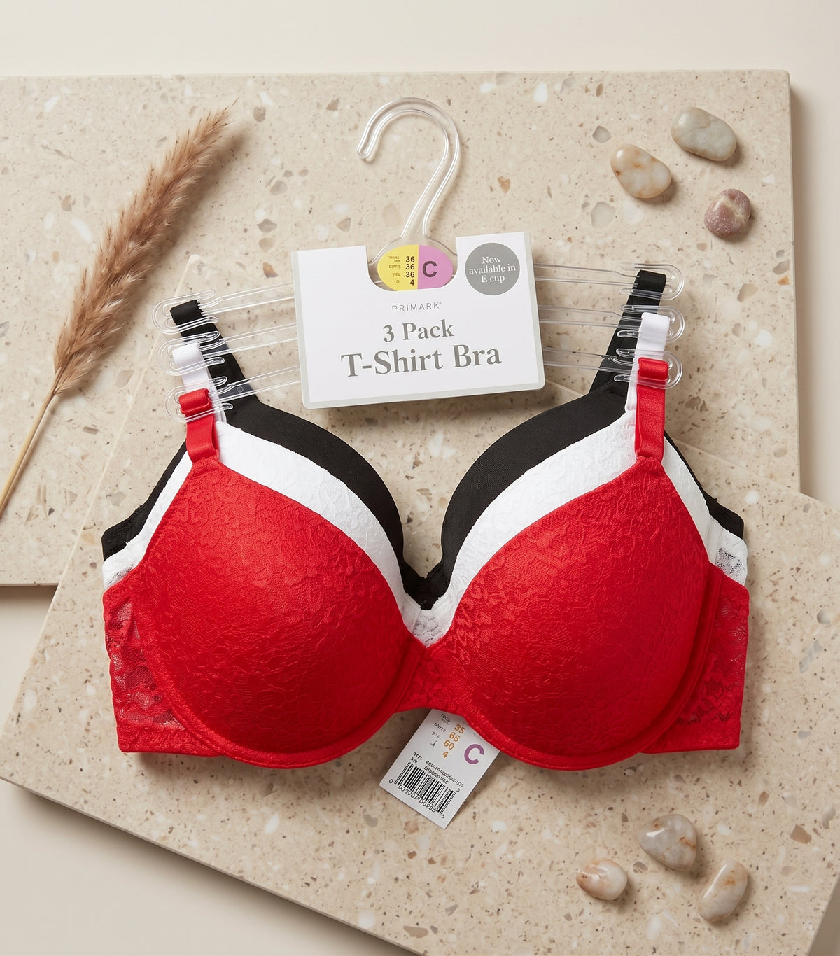 PRIMARK T-Shirt Bra (Brassieres) (Pack of 3) SIZE 36-C (Black-White-Red)
