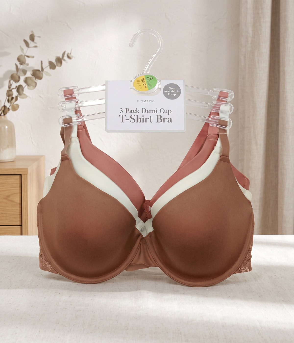 PRIMARK T-Shirt Bra (Brassieres) (Pack of 3) SIZE 36-DD (Pink-White-Brown)