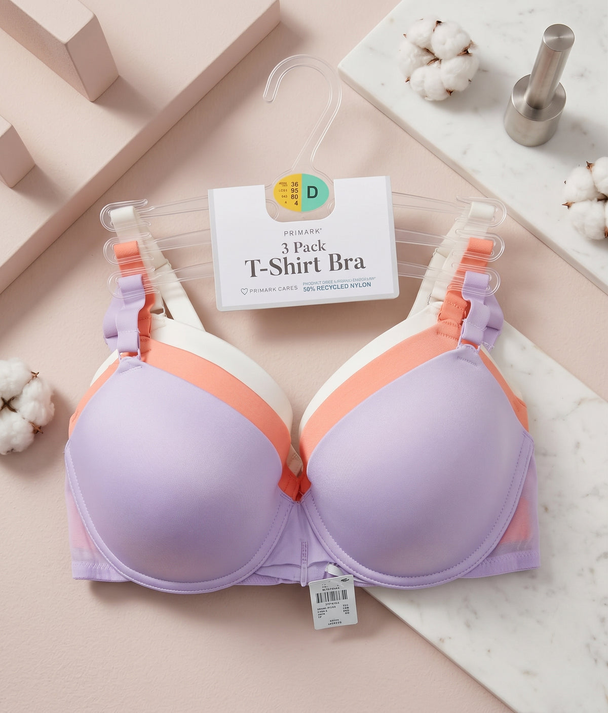 PRIMARK T-Shirt Bra (Brassieres) (Pack of 1) and (Pack of 3) SIZE 36-D (White-Bright Orange-Light Purple)