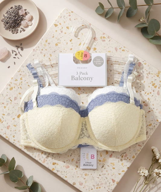 PRIMARK Balcony Bra (Brassieres) (Pack of 3) SIZE 36-B (White-Sky Blue-Cream)