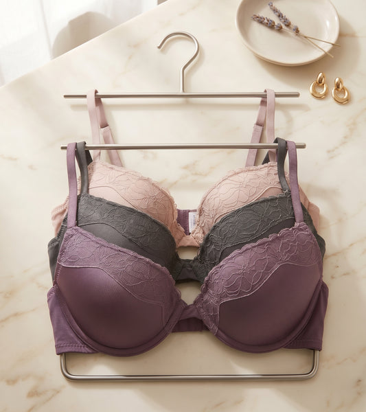 PRIMARK T-Shirt Bra (Brassieres) (Pack of 3) SIZE 36-B (Cream-Black-Egg Plant)