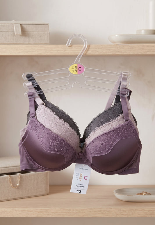 PRIMARK T-Shirt Bra (Brassieres) (Pack of 3) SIZE 36-C (Dark Gray-Pink-Purple)