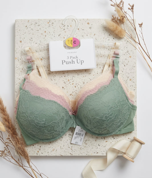 PRIMARK Push Up Bra (Brassieres) (Pack of 3) SIZE 36-C (Cream-Pink-Green)