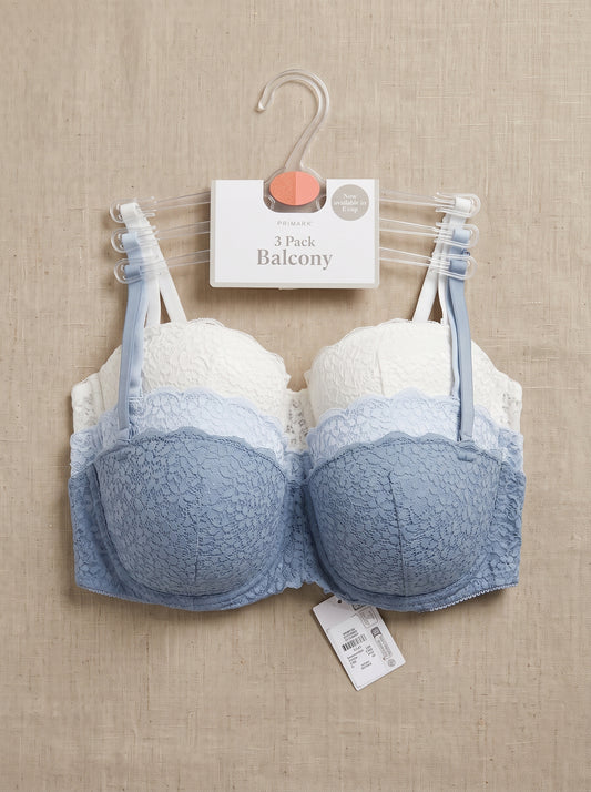 PRIMARK Balcony Bra (Brassieres) (Pack of 3) SIZE 38-B (White-Sky Blue-Gray)
