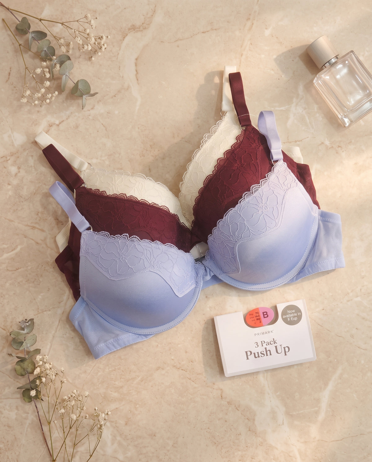 PRIMARK Push Up Bra (Brassieres) (Pack of 3) SIZE 38-B (White-Maroon-Sky Blue)