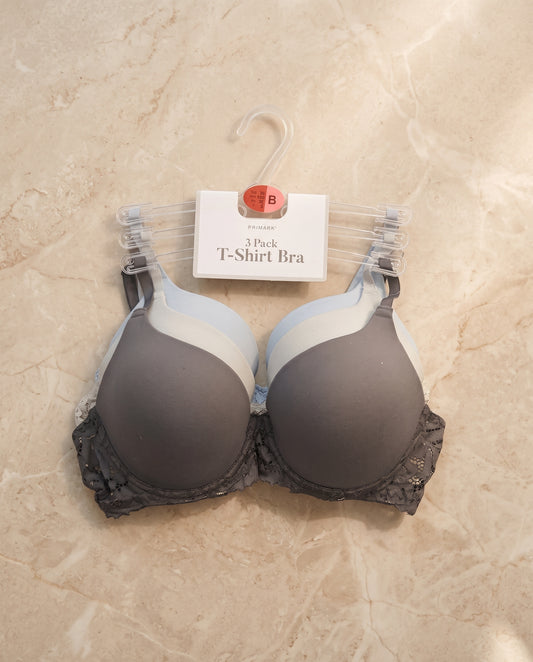 PRIMARK T-Shirt Bra (Brassieres) (Pack of 3) SIZE 38-B (Sky-Light Gray-Dark Gray)