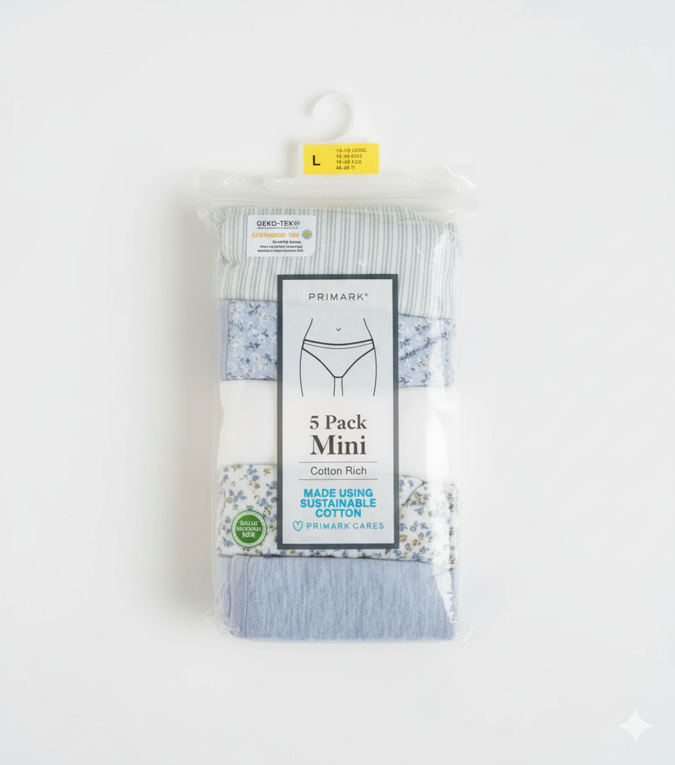 Primark 5 Pack (L)  Mini Cotton Rich (Bikinis, Briefs, Underwear, Panties, Pants) Large