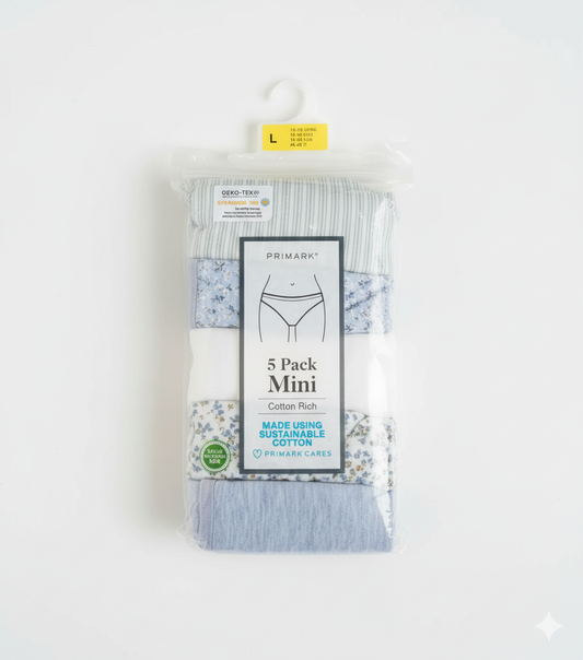 Primark 5 Pack (L)  Mini Cotton Rich (Bikinis, Briefs, Underwear, Panties, Pants) Large