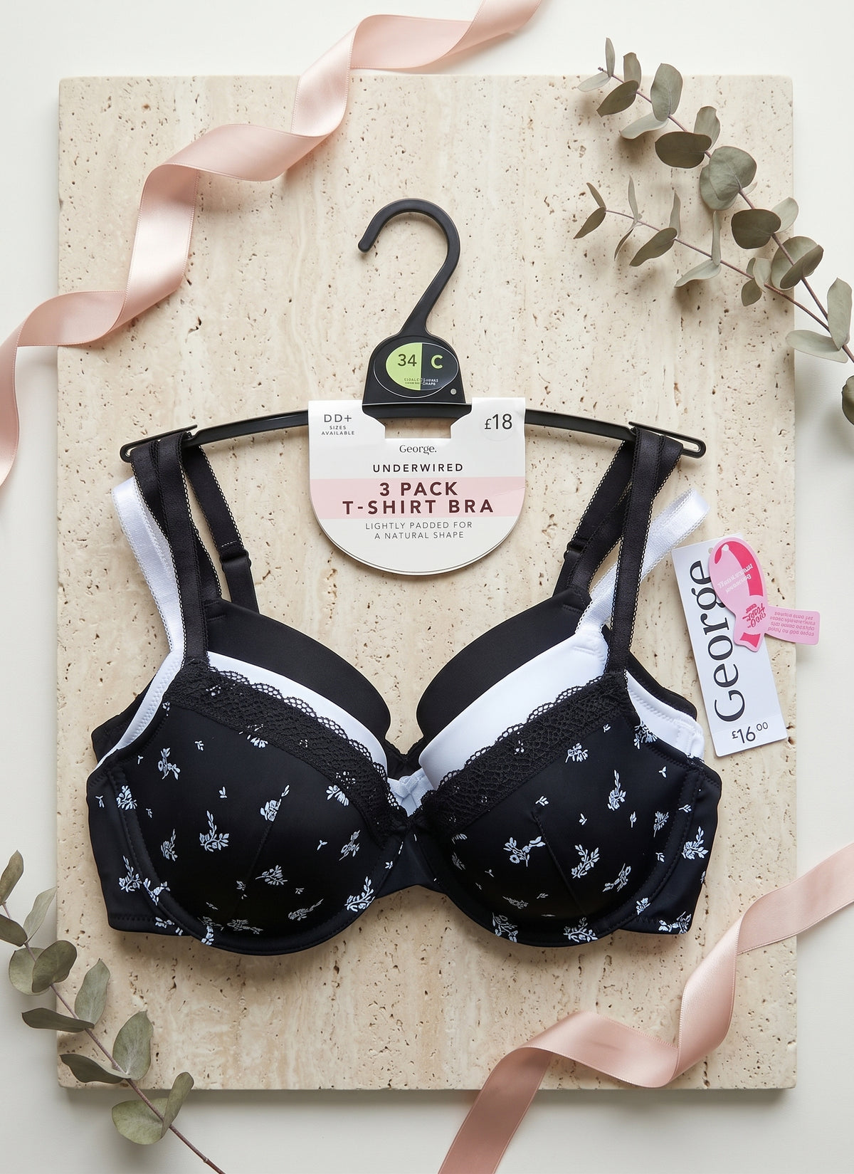 George. Underwired T-Shirt Bra (Brassieres) (Pack of 3) SIZE 34-C (Black-White-Black Printed)