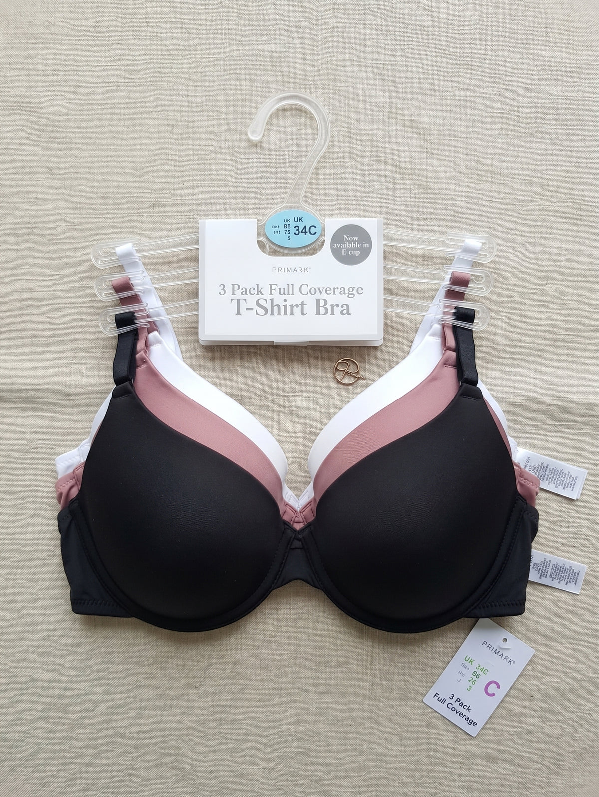 PRIMARK Full Coverage T-Shirt Bra (Brassieres) (Pack of 3) SIZE 34-C (White-Tea Pink-Black)