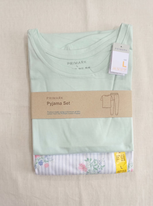 PRIMARK Half Sleeve Pyjama Sets (PJ Set) SIZE (Large) (Pistachio with White Printed Trouser)