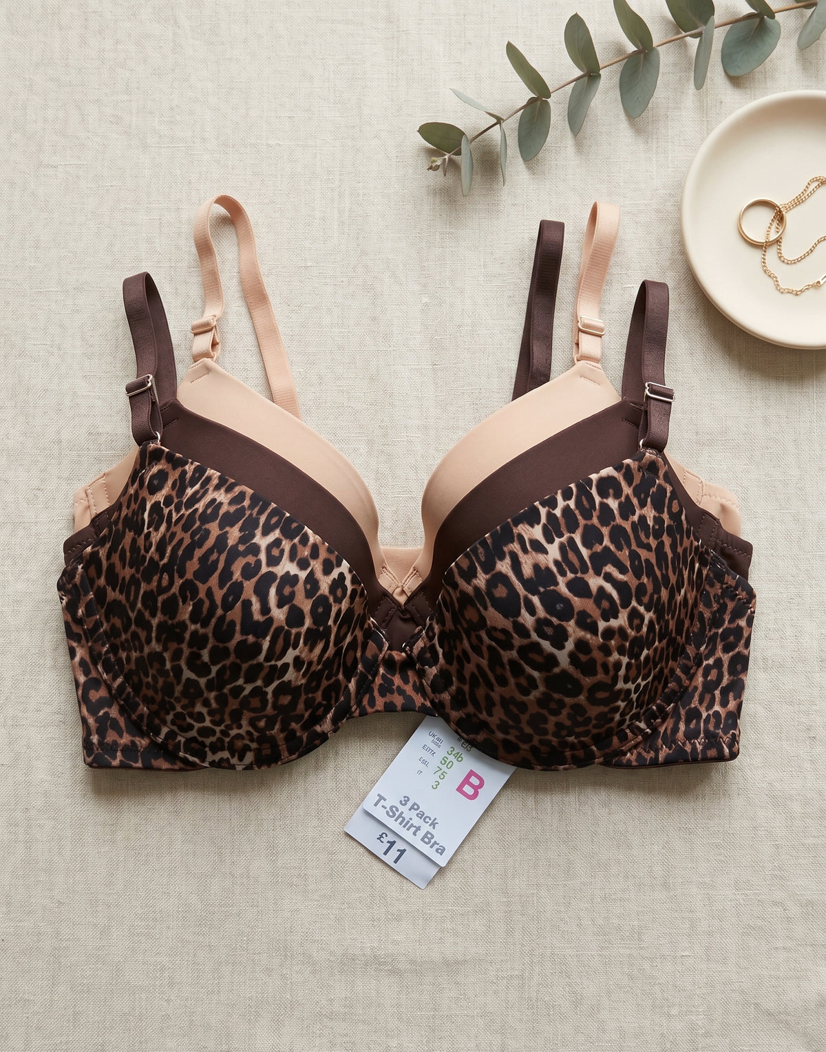 PRIMARK T-Shirt Bra (Brassieres) (Pack of 3) SIZE 34-B (Peach-Leopard Print-Brown