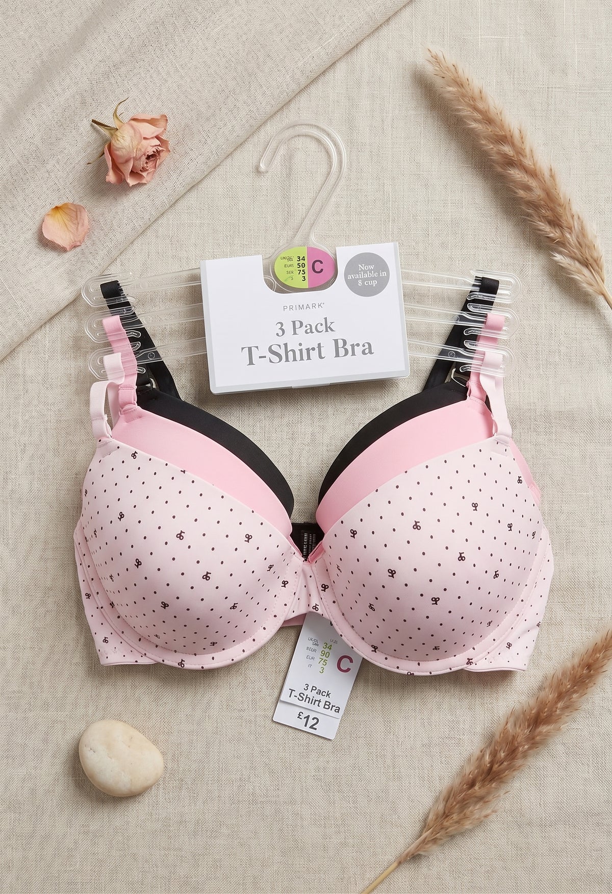 PRIMARK T-Shirt Bra (Brassieres) (Pack of 3) SIZE 34-C (Black-Pink-White with Dots)