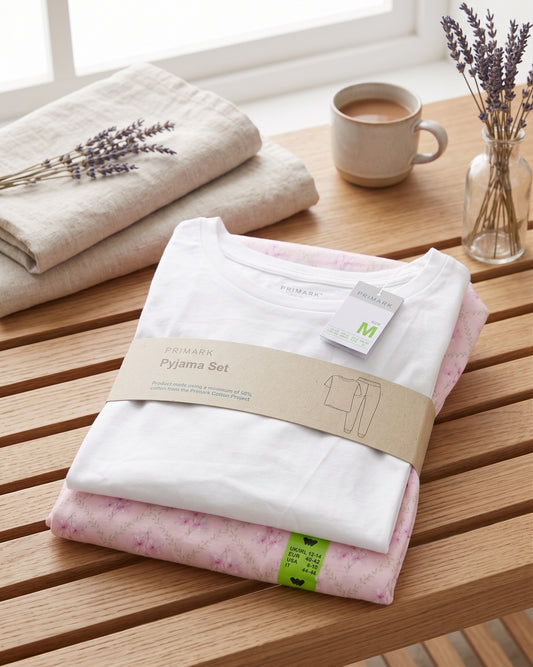 PRIMARK Half Sleeve Pyjama Sets (PJ Set) SIZE (Medium) (White with Pink Printed Trouser)