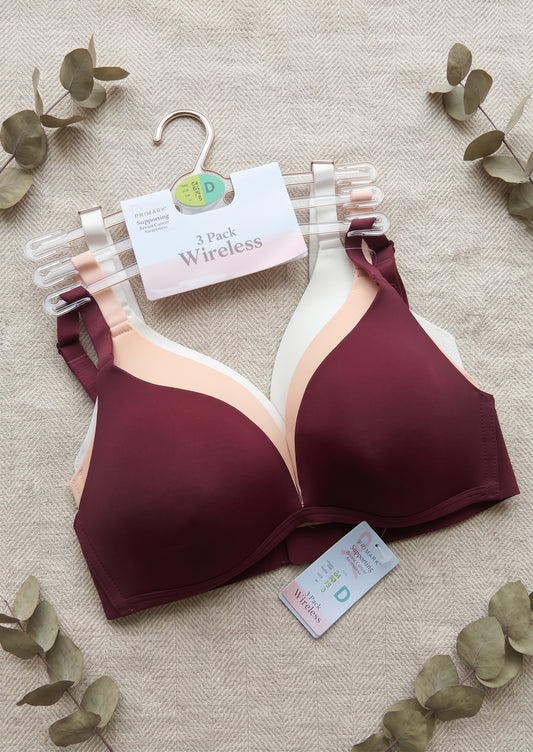 PRIMARK Wireless Bra (Brassieres) (Pack of 3) SIZE 34-D (Cream-Pink-Maroon)