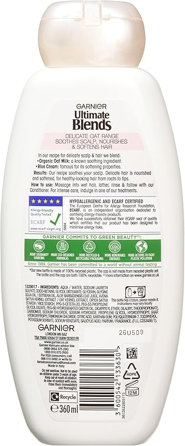 Garnier Ultimate Blends Smoothing Shampoo with Rice Cream and Organic Oat Milk (Hypoallergenic)