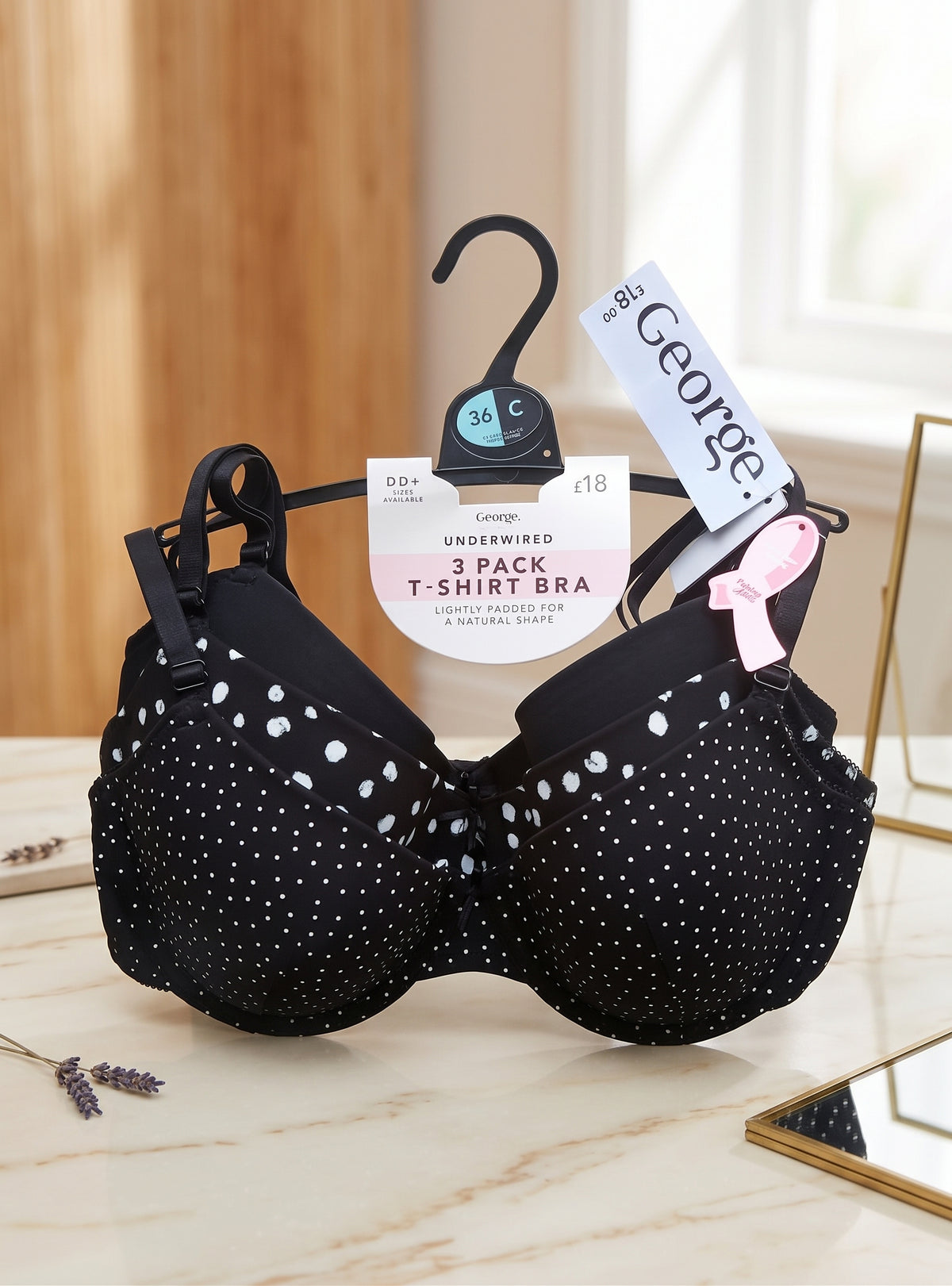 George. T-Shirt Bra (Brassieres) (Pack of 3) SIZE 36-C (Black-Black with White Spots-Black with White Dots)