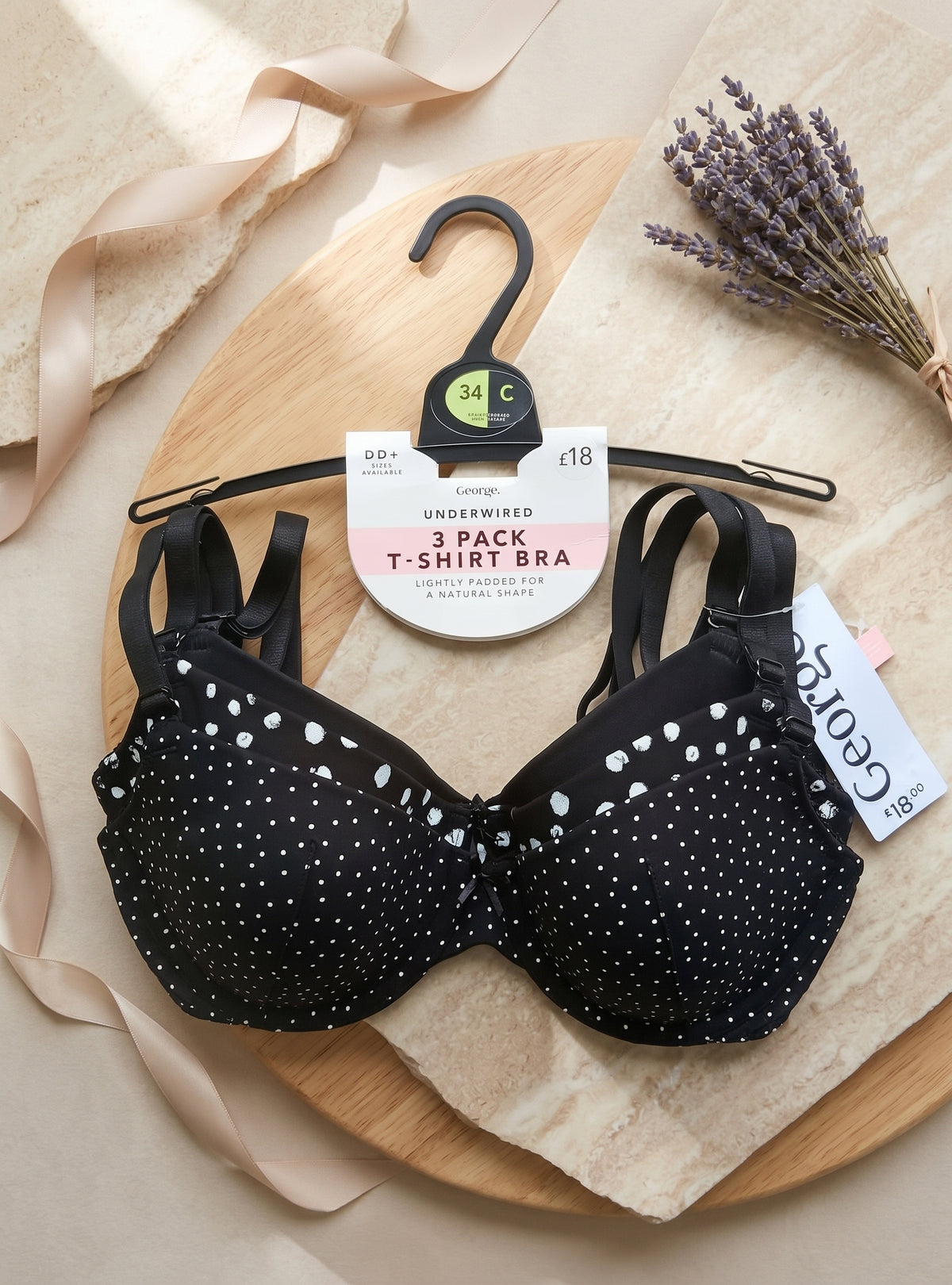 George. Underwired T-Shirt Bra (Brassieres) (Pack of 3) SIZE 34-C (Black-Black with Spots-Black with Dots)
